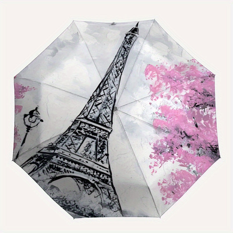 Automatic Open/Close Umbrella with Eiffel Tower Design - Parisian Landmark Pattern in Black/White/Pink/, Compact Folding Parasol with 8-Rib Sturdy Frame, Auto Umbrella for Travel, Everyday & Special Events - Ideal French Trav