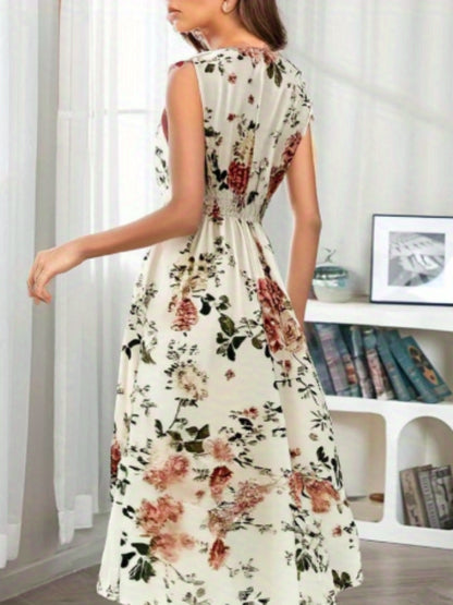 Women's Elegant Floral Print Sleeveless A-Line Sling Dress with Puff Sleeve Accent - Floor-Length or Above-Knee Length Long Skirt, Round Neck Fitted Top & A-Line Silhouette, Machine Washable All-Season Formal & Semi-Formal Ou