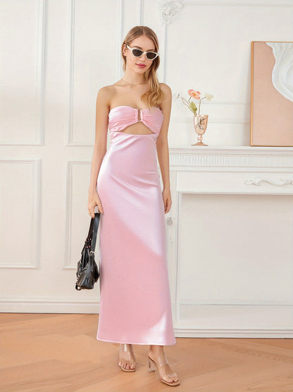 Women's Elegant Strapless/One-Shoulder Hollow Out Floral Print or Solid Pink Tube Bodycon Maxi Dress with Bow Tie Back - Mermaid Silhouette Long Formal Evening Party Wedding Dress, Hand Washable Summer Dress for Women, Stylis