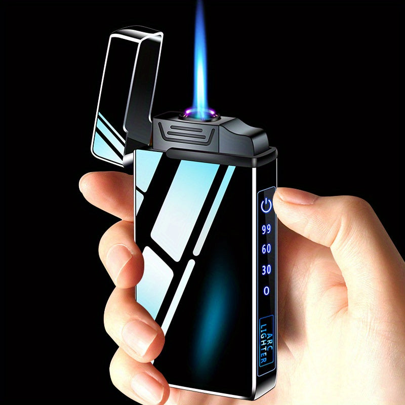 This Is a Dual Arc Gas And Electric Lighter That Features a 2-In-1 USB Charging Capability. It Is a Refillable Butane Jet Flame Torch Lighter Equipped with a Flashlight And an LED Power Display