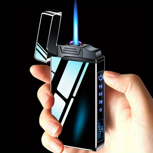 This Is a Dual Arc Gas And Electric Lighter That Features a 2-In-1 USB Charging Capability. It Is a Refillable Butane Jet Flame Torch Lighter Equipped with a Flashlight And an LED Power Display