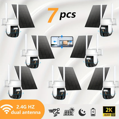 7pcs Solar Powered Outdoor Security Cameras with AI Motion Detection, 1440P HD, 360° PTZ, Solar-Powered Wireless WiFi Cameras with Two-Way Audio, Color Night Vision,, Business, Driveway, Garage - Cloud Storage Included