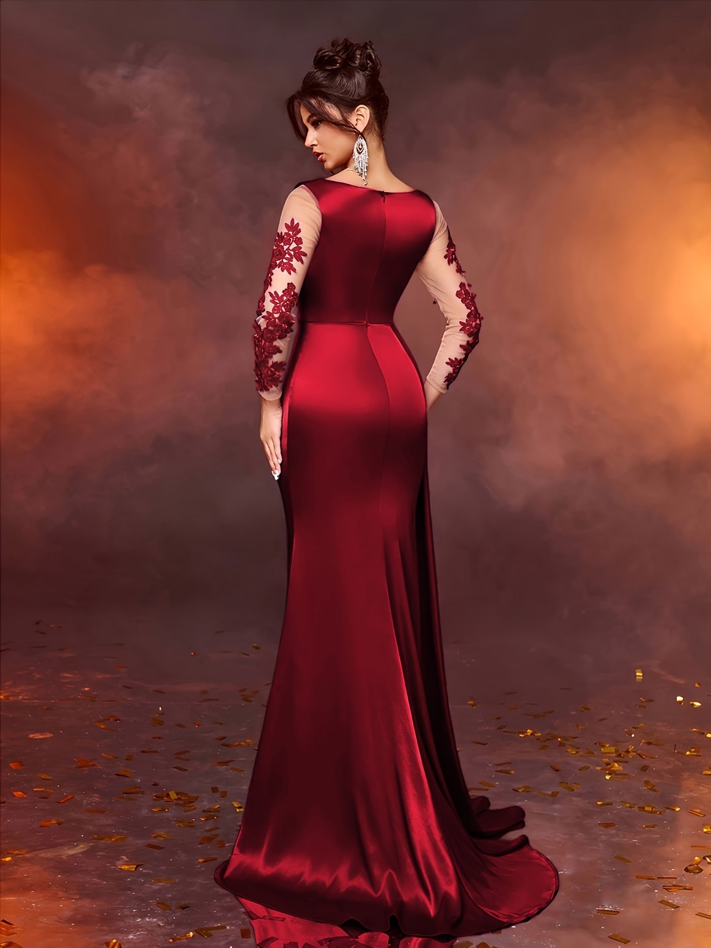 Elegant Long Ladies' Gown with Lace Detail | Solid Color, Contrast Mesh, Long Sleeve, Gown Hem, Ideal for Christmas, Birthday, Graduation, Travel