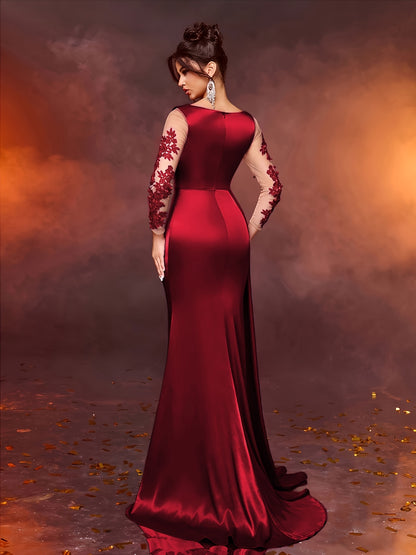 Elegant Long Ladies' Gown with Lace Detail | Solid Color, Contrast Mesh, Long Sleeve, Gown Hem, Ideal for Christmas, Birthday, Graduation, Travel