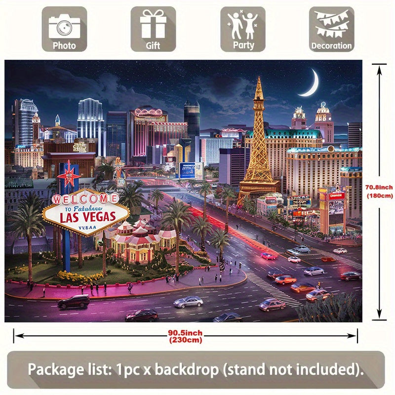 1pc Las Vegas Night Scene Polyester Banner - Vibrant Cityscape with Eiffel Tower, Lights, and "Welcome to Fabulous Las Vegas" Sign - Ideal for Home, Room, or Party Decor, Party Backdrop | Urban Night Theme | Durable Decor Mat