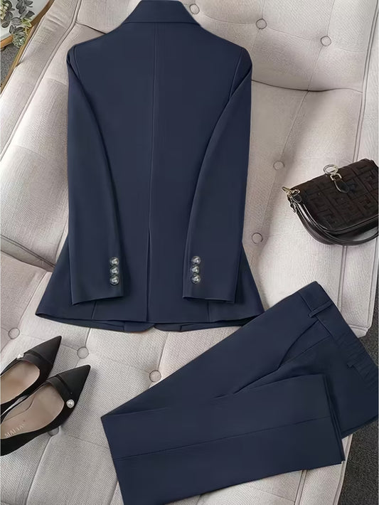2pcs Navy Blue Waist-Defining Suit with Straight-Leg Pants | Women'S Retro-Inspired Sharp Style with Metal Button Detailing, Perfect for Workplace Commutes And Formal Business Settings.