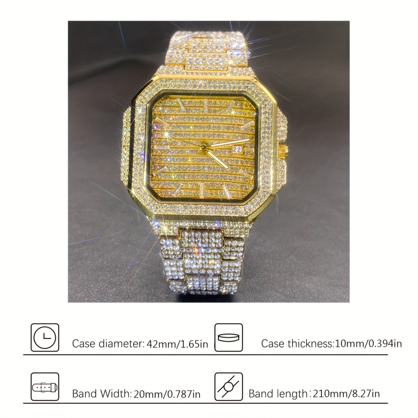 MISSFOX Men'S Luxury Rhinestones-Encrusted Golden-Tone Square Watch with Date Calendar, High Quality IP65, Quartz Movement, Sparkling Bezel & -Accented Dial - Elegant Analog Watch for Casual & Formal Wear, Party Accessory, Ba