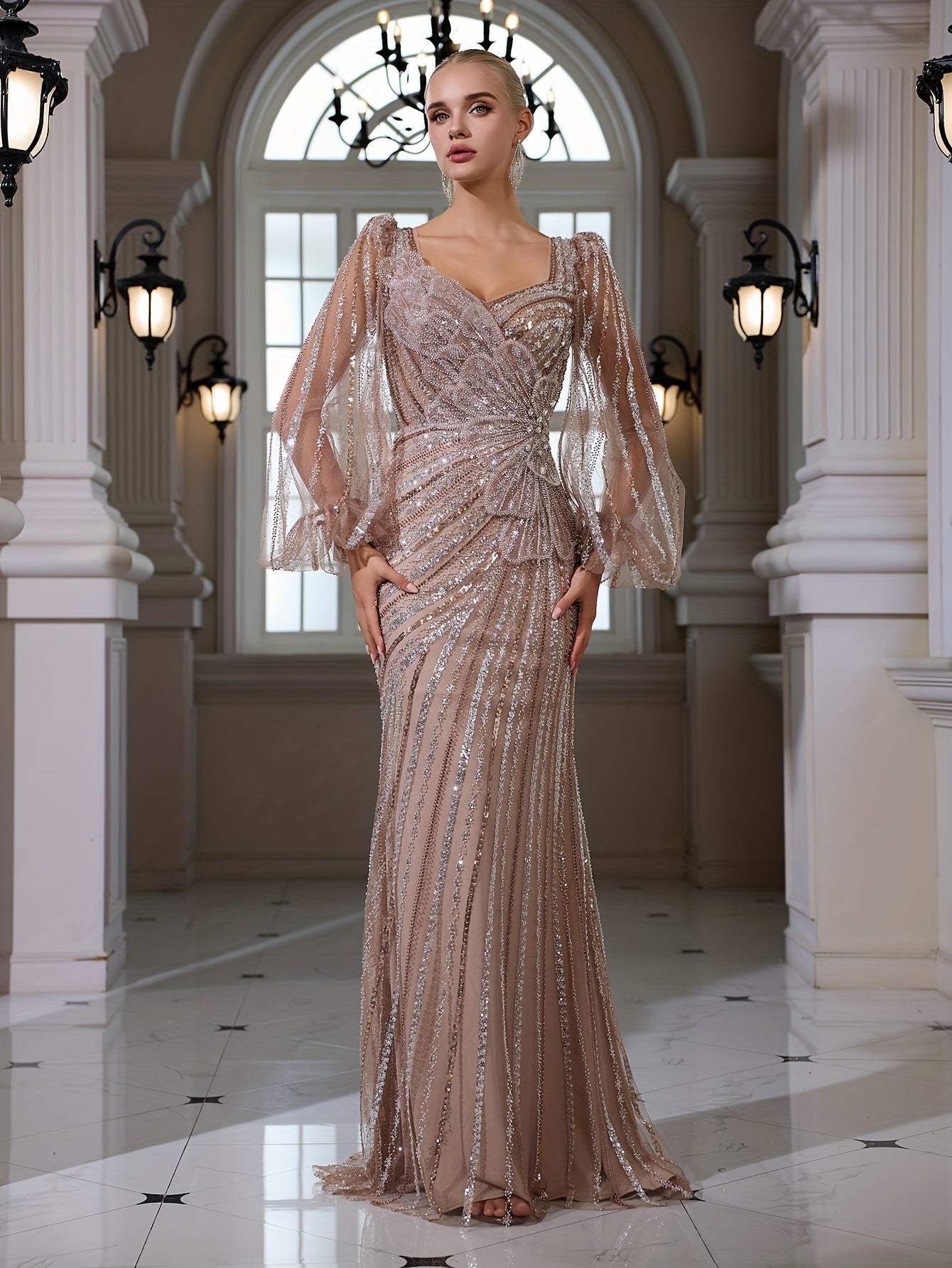Elegant Square Neck Long Sleeve Bodycon Fishtail Gown with Applique Sequins | Perfect for Weddings, Banquets, and Parties, All-Season Wear