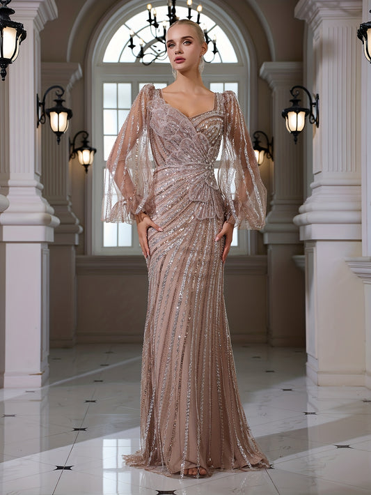 Elegant Square Neck Long Sleeve Bodycon Fishtail Gown with Applique Sequins | Perfect for Weddings, Banquets, and Parties, All-Season Wear