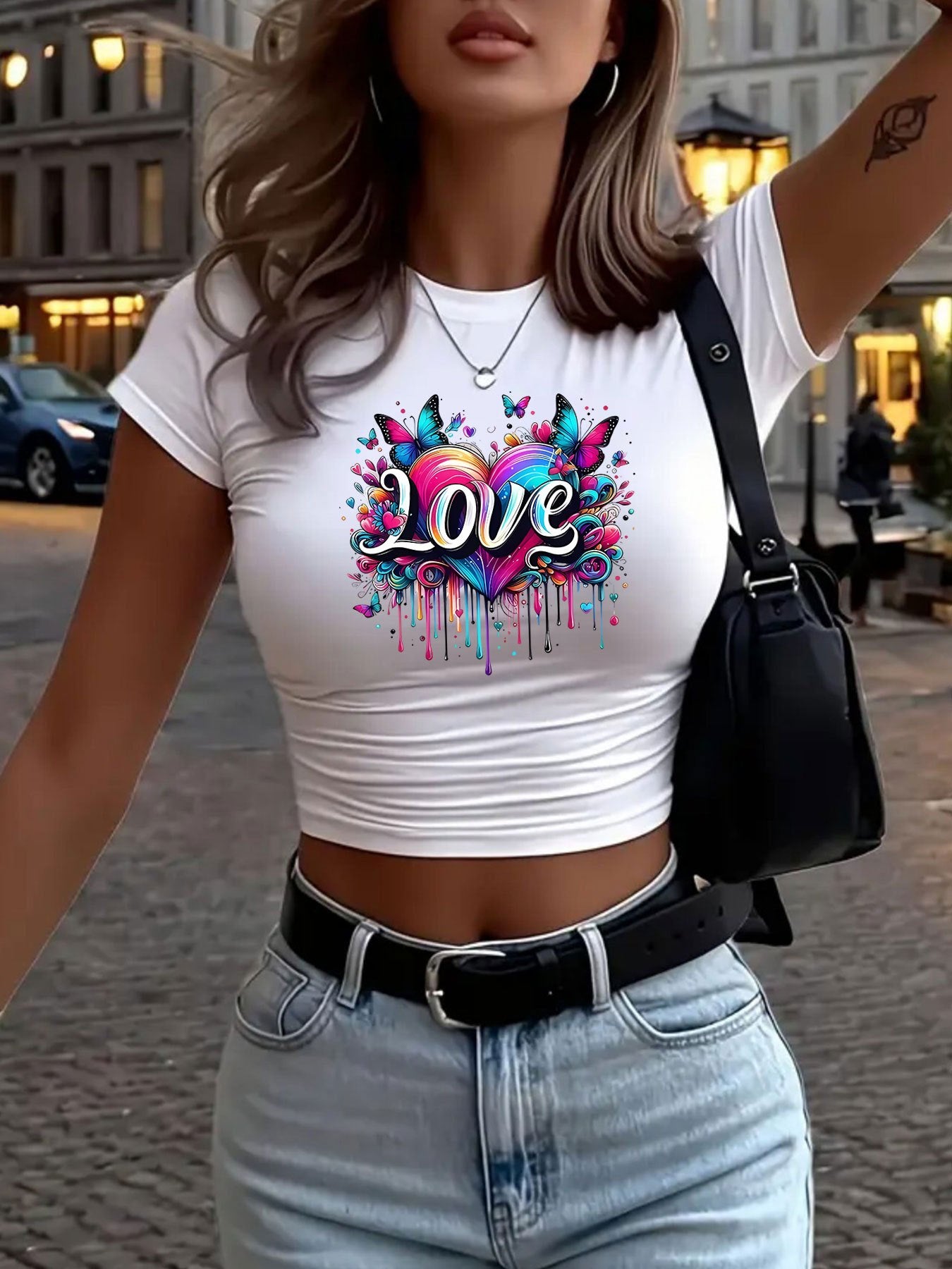 Fun Flower-shaped Letter Creative Pattern Women's Fashionable Short Printed T-shirt, Sexy Slim-fitting Waist-revealing Women's T-shirt, Round-neck Short Women's Tight Top, Classic Three-color Short-sleeved Casual, Elegant, Li