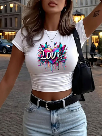 Fun Flower-shaped Letter Creative Pattern Women's Fashionable Short Printed T-shirt, Sexy Slim-fitting Waist-revealing Women's T-shirt, Round-neck Short Women's Tight Top, Classic Three-color Short-sleeved Casual, Elegant, Li