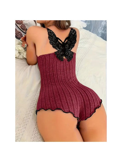 Back Butterfly Embroidery Design Pajamas for Womens Onesies | Summer Sleepwear Lace Splicing Bodysuit Loungerwear with Long Sleeves and Hooded Collar