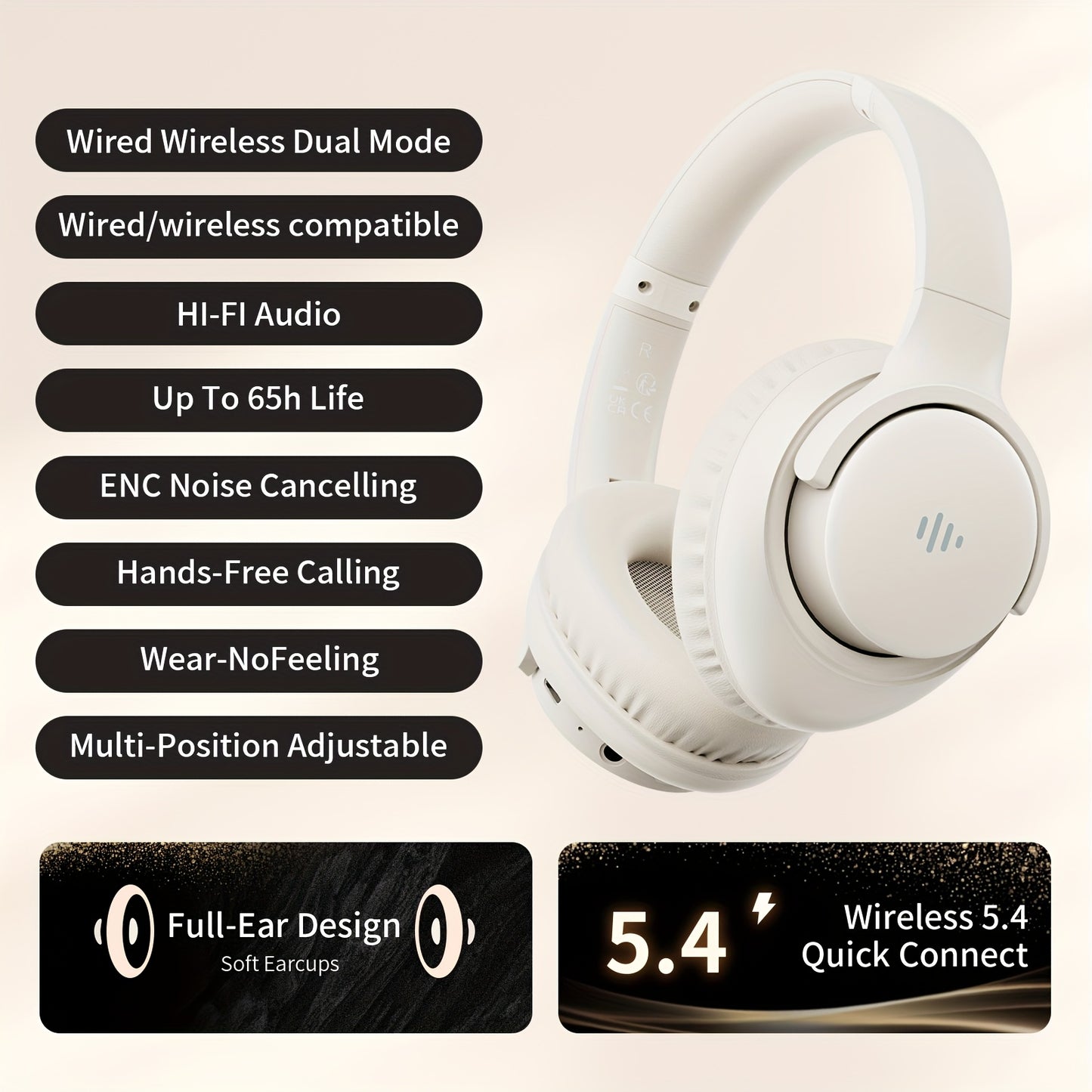 Wireless Noise Cancelling Headphones, Wireless Earbuds With Deep Bass, HiFi Stereo Sound Low Latency, Lightweight Foldable Headphones With Built-in Microphone, For Work Laptops, Mobile Phones, On-head Gaming Headphones, Compa