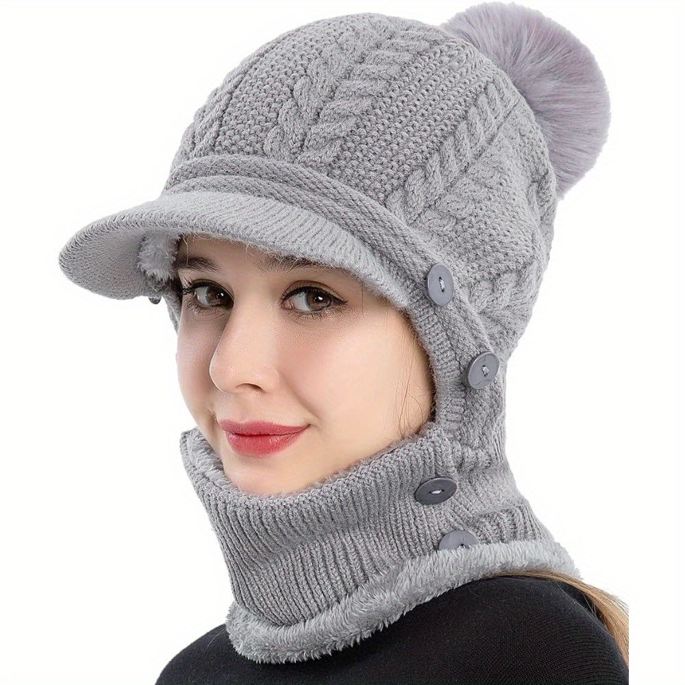 1x Winter Women's Pullover Ear Warmer Hat, Scarf Mask Combo Warm Thick Skull Ski Cap, Head And Neck Warmth, Ear And Face Warmer, Winter Scarf Mask Combo, Ear Warmer Hat, Cable Pattern, Slouchy Fit, Hand Wash Care, Thick Fleec