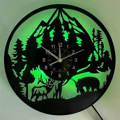LED Lighted Forest Night Glow Wall Clock with Bear & Moose Silhouette - Modern Cabin Decor, Large Easy-Read Black Hands, Durable Vinyl Round Clock for Living Room, Bedroom, Office - Ideal Gift for Christmas, Birthday, Mother'