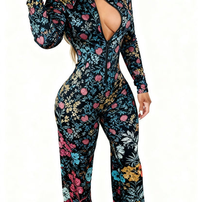 Women's Lightweight Full-Body Animal Print Jumpsuit - Zipper Front Long Sleeve Suit, Tight-Bodied One-Piece for All-Season Casual Wear, Machine Washable y Outfit ( Collar)