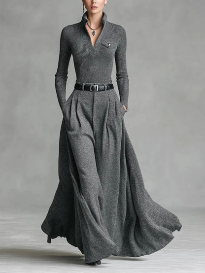 Women's - 2pcs Set: Gray Ribbed Top + Flowing Wide-Leg Skirt | Effortlessly chic pieces for city strolls, casual gatherings, and fall/winter outfits.