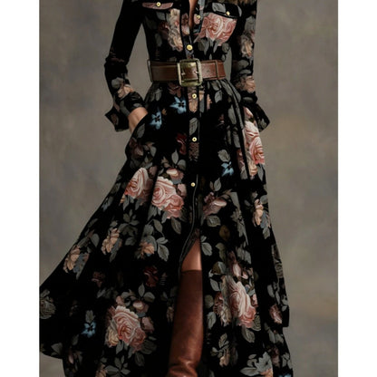 Women'S Black-Based Pink & Brown Rose Print Waist-Cinched Maxi Dress | Retro Elegant Style, Suitable for Luxury Social Events, Formal Occasions, and Daily Streetwear