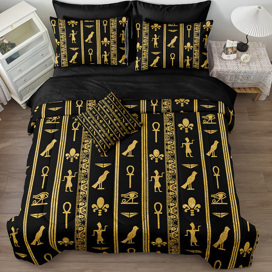 Black Golden Full Comforter Set Ancient Egyptian Bedding Comforter Set Vintage Pharaoh Pyramid Pattern Bedding Boho Tribal Comforter Set Sheet Set With 1 Cushion Cover 200G Microfiber Fillings Comforter Set With Sheet Set For