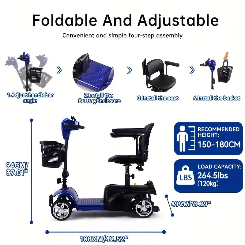 Mobility Aids for The, Four-wheel Foldable Mobility Scooters for Adults, 250w 12V, 12ah 15 Mile Long Range, with LED Headlights And A Detachable Storage Basket. Comes with A Tool Kit, Charger, And Instruction Manual.