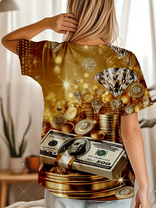 Women's Luxury Glam T-Shirt - Ultra-Shiny Golden & Diamond Print with Dollar Bills & Coin Design - Sparkling Wealth Party Outfit - Machine Washable Non-See-Through Fabric - Birthday/Anniversary Gift for Women - Elegant Casual