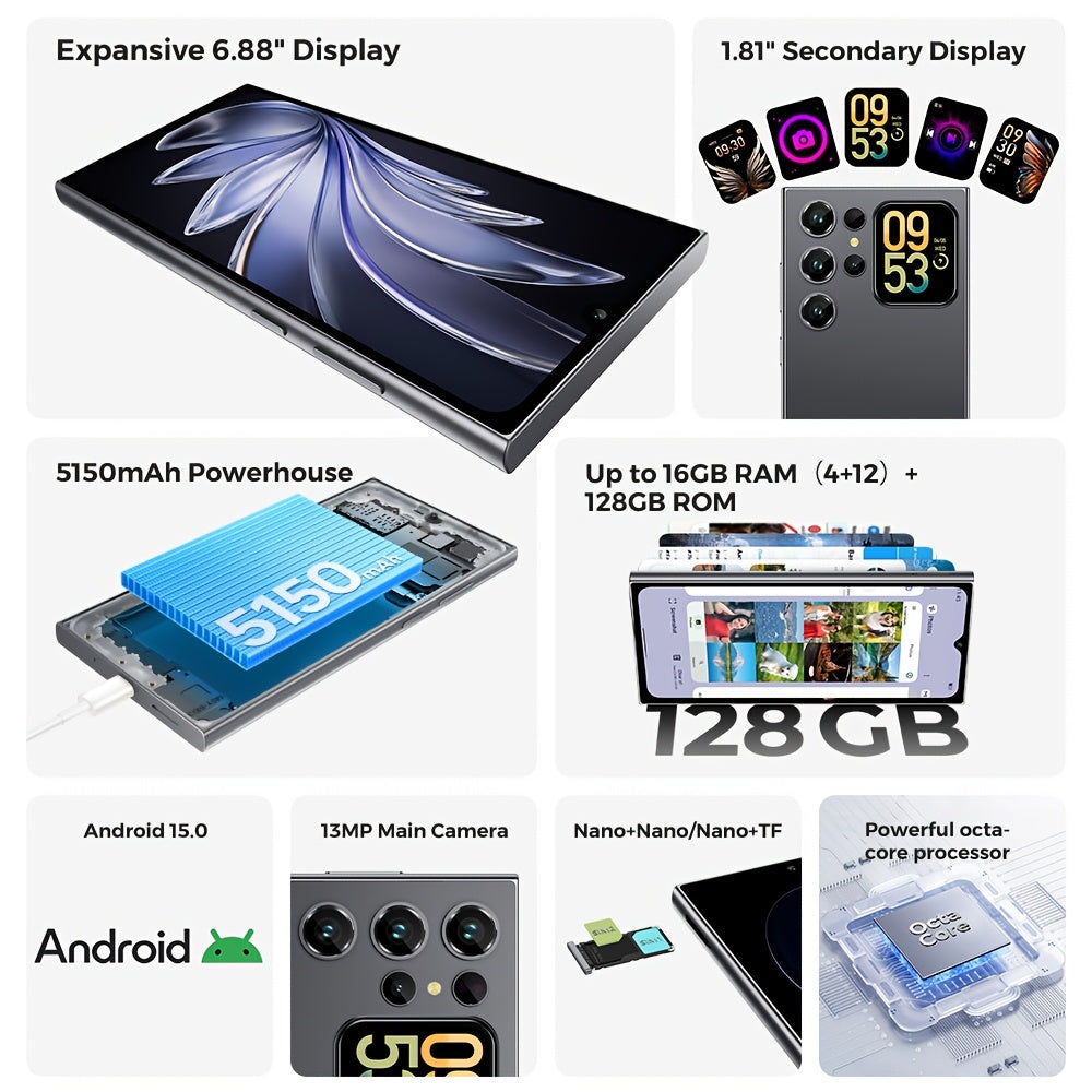 [T-Mobile ]OUKITEL C62 Android 15 Mobile Phone, 16GB + 128GB Globally Unlocked Version, 6.88" 90Hz Display, 1.81" Rear Screen, 5150mAh, 13MP + 5MP/dual SIM Card/fingerprint/facial Recognition, Perfect Festive Gift, Fashionabl