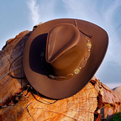 Brown Genuine Leather Western Cowboy Hat for Men & Women – Classic Outdoor Riding & Country Style Accessory for Travel, Horseback Riding, Ranch Work, Camping, Festivals & Daily Wear – Perfect Gift for Christmas, New Year,