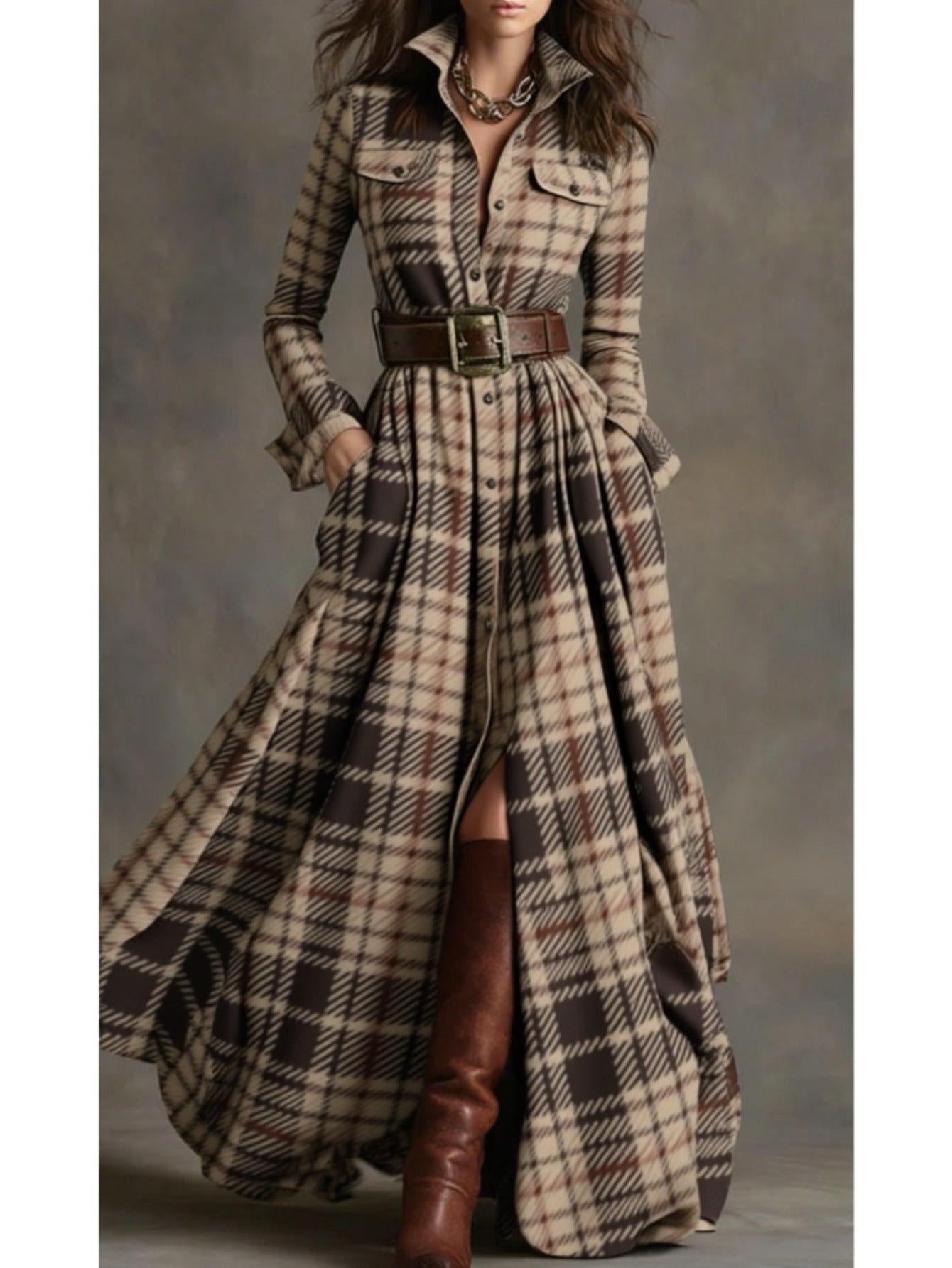 Women's Brown-Toned Plaid Women's Brown-Tan Plaid - Belted Shirt Maxi Dress | Retro Utility Style - Suitable for Daily Outings, Light Retro Looks - aShirt Maxi Dress | Retro Utility Style - Suitable for Daily Outings, Light R