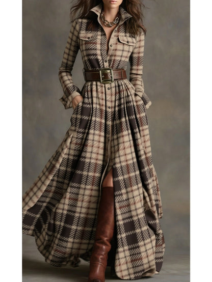 Women's Brown-Toned Plaid Women's Brown-Tan Plaid - Belted Shirt Maxi Dress | Retro Utility Style - Suitable for Daily Outings, Light Retro Looks - aShirt Maxi Dress | Retro Utility Style - Suitable for Daily Outings, Light R