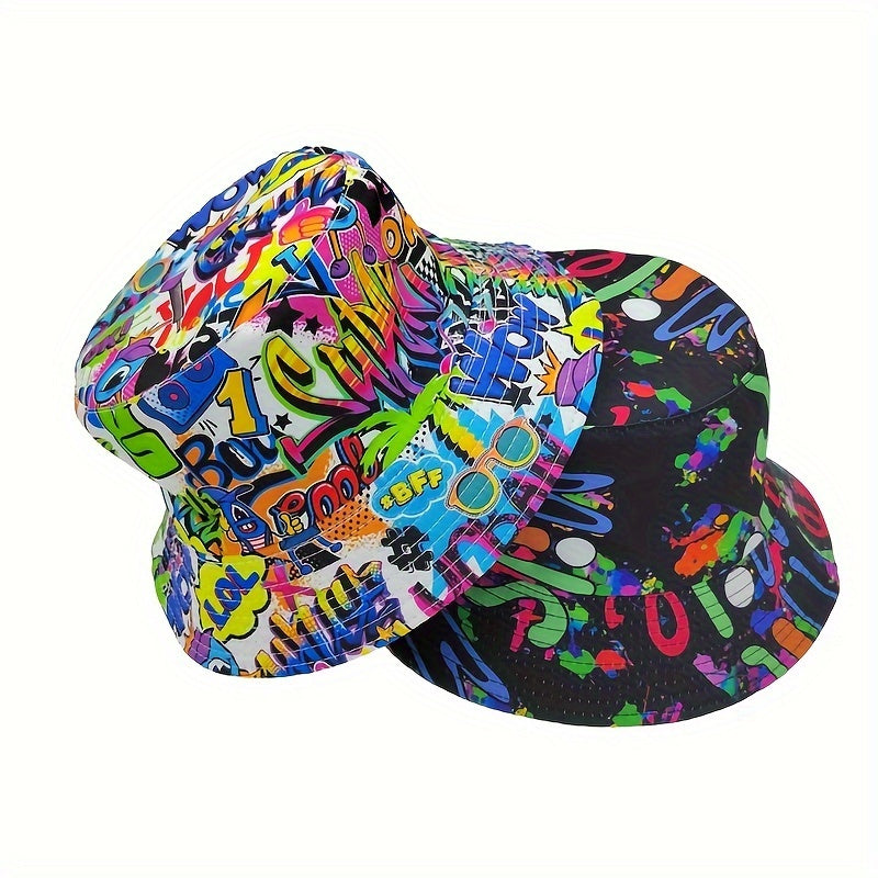 Bucket Hat - Unisex - Graffiti Print - Reversible Closure - Hand Washable - 100% Polyester Lightweight Fabric - Tie-Dye Pattern - Handmade Printing - All-Season Outdoor Fashion Accessory - For New Year Celebration