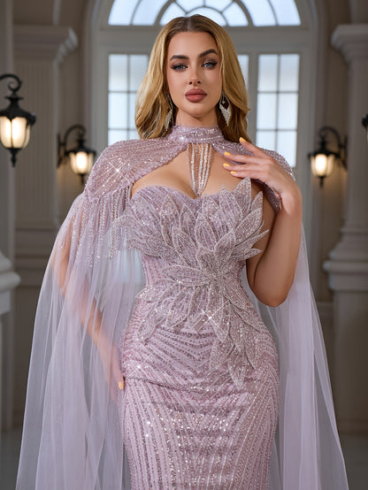 An Elegant And Sexy Evening Gown Featuring a High Neckline, 3D Petal Appliqués, And Flowing Tassels, Adorned with Sequins And Lace on The Bodice