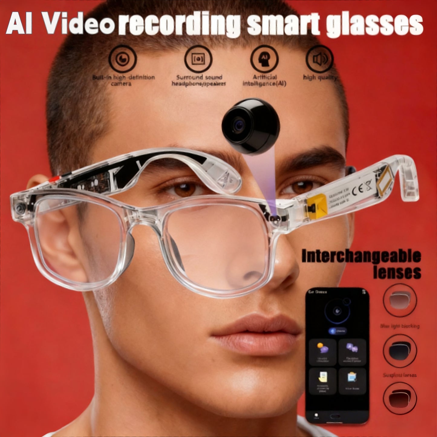 Smart Camera Glasses with Real-Time Translation in 160+ Languages, 1080P HD Video & 4K Motion Recording, Wireless Calling, Magnetic Fast Charging, Wireless, All-in-One Travel/Driving/Office Assistant, Compatible with Smartpho