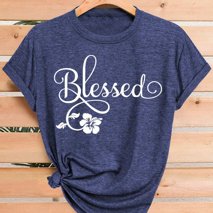 Women's Casual Short Sleeve T-Shirt - Blessed Floral Print Retro Style, Soft Stretch Round Neck Top, Machine Washable All-Season Comfort, Multi-Color Options S-XXL, Ladies T Shirts