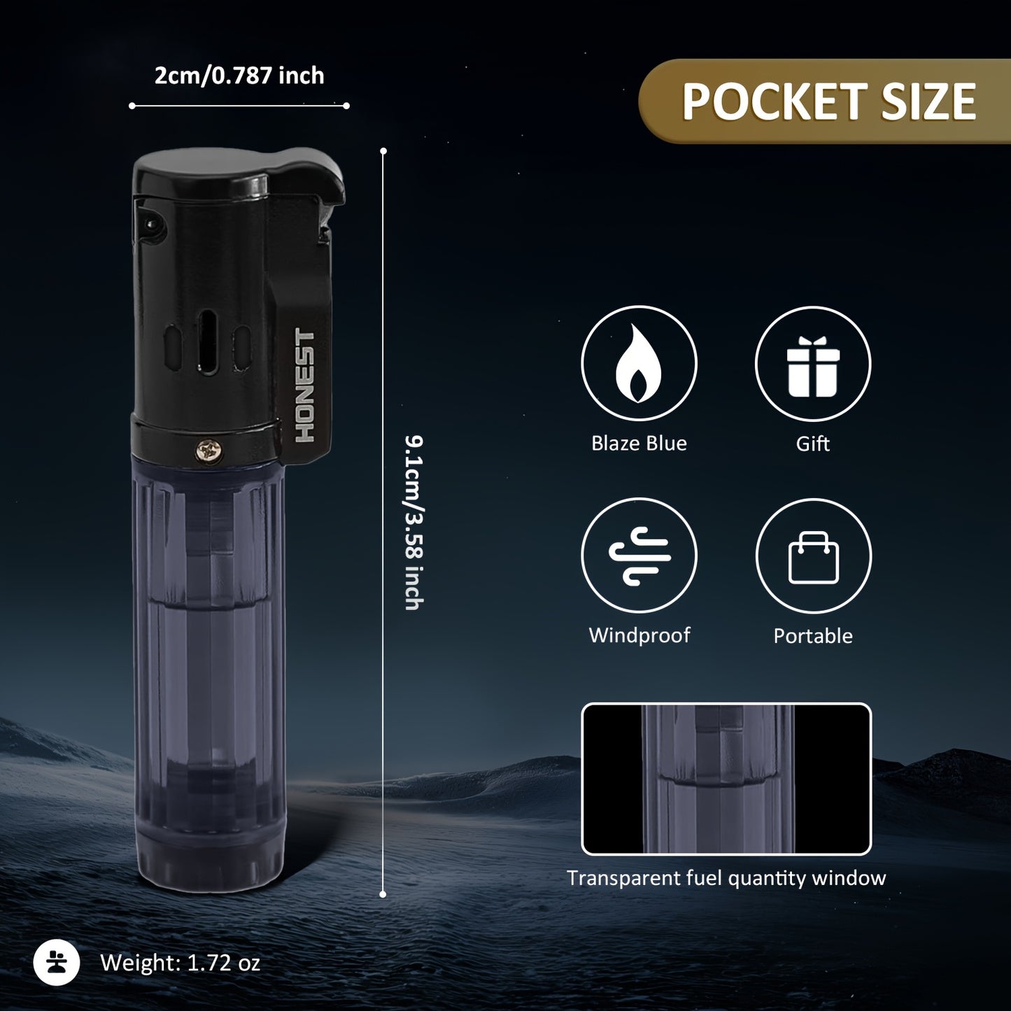 Windproof Straight Flame Lighter Without Butane, Featuring a Sand Wheel, a Visible Gas Window, And an Inflatable Design. This Mini Lighter Is Portable And Perfect for Use in The Kitchen, Fireplace, Or As Gifts for Occasions L