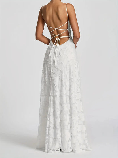 Chic And Alluring White Lace Dress with a Backless Design, Perfect for Summer Evening Parties. This Waist-Cinching A-Line Dress Is Flattering And Ideal for Vacations