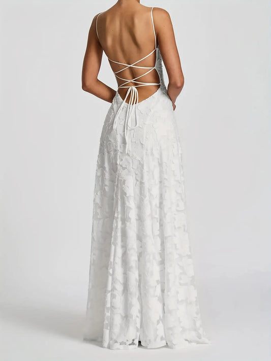 Chic And Alluring White Lace Dress with a Backless Design, Perfect for Summer Evening Parties. This Waist-Cinching A-Line Dress Is Flattering And Ideal for Vacations