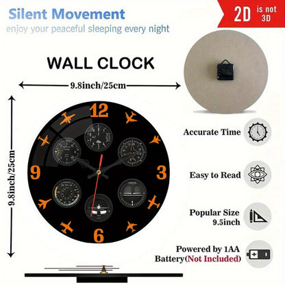 1pc Aviation Instrument Panel Wall Clock - Pilot Dashboard Design with Black Background, Orange Needle - Silent Non-Ticking Quartz Movement - for Living Room, Office, Aviation Decor - Compatible with AA Batteries (Not Include