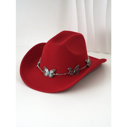 Women'S Bohemian Turquoise & White Cowboy Hat - Felt Wide Brim Sun Hat with Butterfly Metal Chain Accent, Non-Stretch Formal & Western Style for Christmas, Festivals, Casual Attire - Hand Washable Elegant Felt Cowboy Cap, Cow