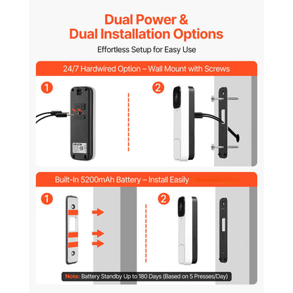 VEVOR Video Doorbell, 2K Wireless Camera Ring Doorbell Works with 170° Ultra-Wide View, 2-Way Audio, Motion Detection & Night Vision, Supports Alexei & Google, Cloud Storage, Battery/Wired Powered