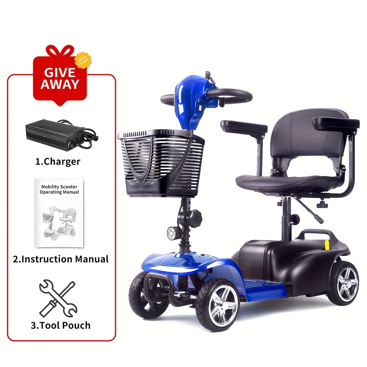 Mobility Aids for The, Four-wheel Foldable Mobility Scooters for Adults, 250w 12V, 12ah 15 Mile Long Range, with LED Headlights And A Detachable Storage Basket. Comes with A Tool Kit, Charger, And Instruction Manual.