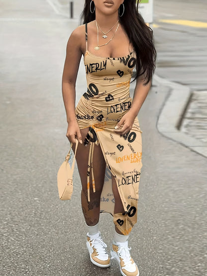Women's Sexy Geometric Print Open Back Split Hem Dress - Stretchy Spaghetti Strap High Elasticity Machine Washable All-Season Casual to Evening Wear, Street Style Attire | Casual Chic Wear | Accessory Coordination