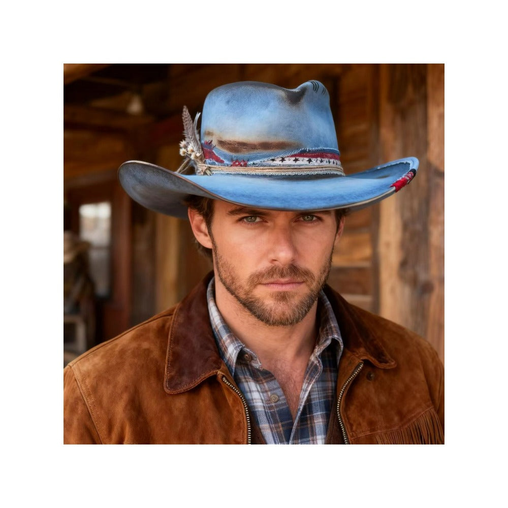 A Stylish Felt Hat Adorned with a Ribbon And Feather, a Retro Blue Dress Hat for Women, a Gatsby-Style Hat for Men, Perfect for Movie Costumes.