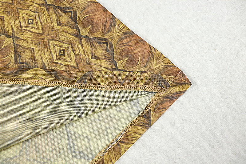 Maxi Dress - Regal Golden and Brown Patterned with Long Sleeves | Elegant Crew Neck - Fitted Style, Perfect for All Seasons, Ruffle Details, by SCACTO