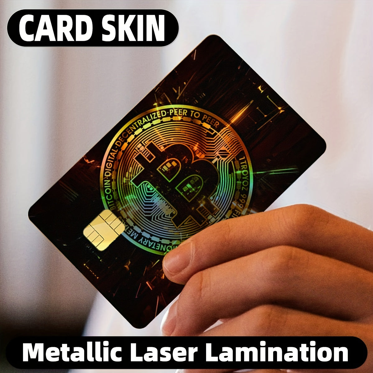2pcs Bitcoin Pattern Laser-Cut Cool Light Effect Stickers - Anti-Theft Privacy Protection Card Skins for Credit/Transaction/Access Cards, Gift (4.96x3.78inch)