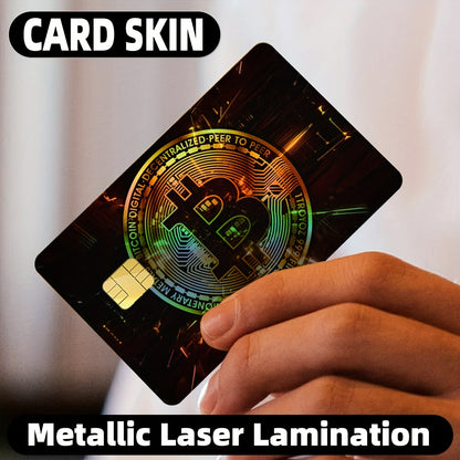 2pcs Bitcoin Pattern Laser-Cut Cool Light Effect Stickers - Anti-Theft Privacy Protection Card Skins for Credit/Transaction/Access Cards, Gift (4.96x3.78inch)