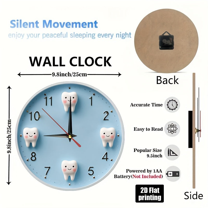 Non-Electric 2D Printed, Cartoon Teeth Theme Wooden Round Wall Clock, Farmhouse Style Home Decor for Kitchen, Bedroom, Office, Birthday & Holiday Gift, Easy to Read, Silent Operation, Battery Not Included, 9.8x9.8 Inches, 2D