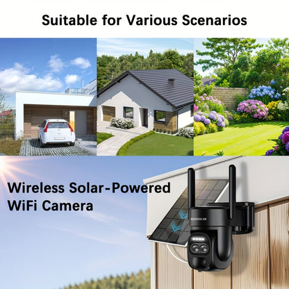 Solar-Powered PTZ Security Camera with 8x Zoom Dual Lens, 360° Auto Tracking, Human Detection, Two-Way Talk, Wireless WiFi, PoE Camera, Solar Panel, Outdoor Surveillance System for Home/Office/Business - Continuous Recording