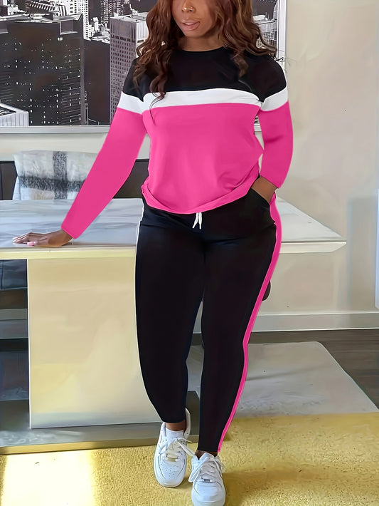 Color Block Striped Print Two-Piece Set, Round Neck Long Sleeve Top And Drawstring Pants, Women's Fashion