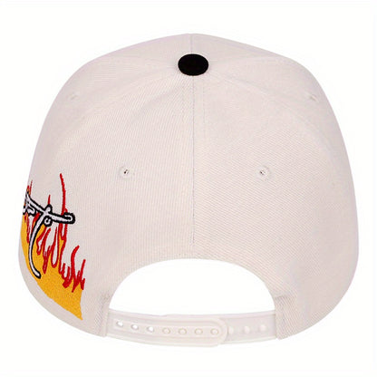 [Lightweight Design] Stylish Snapback Caps with Red 'A' Emblem & Flame Motif - Sporty Design, Trendy Appeal, Polyester Material, Black & White Color Scheme, Casual Headwear | Trendy Snapback | Durable Headgear
