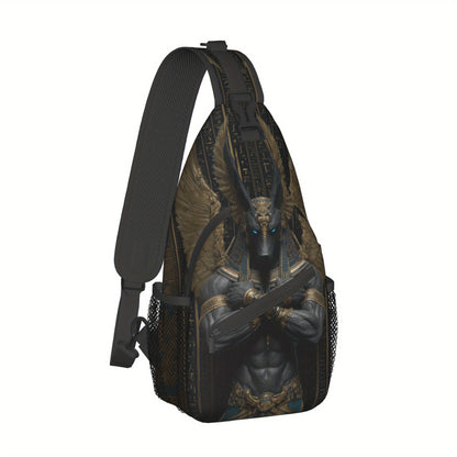 Men's Egyptian God Anubis Sling Bag - Egyptian-Themed Chest Pack with Anubis Print & Horus-Eye Golden Accent, Zipper Closure, Hands-Free Crossbody Bag for Cycling, Travel, Casual Use - Ancient Egyptian Design Gift for Adventu